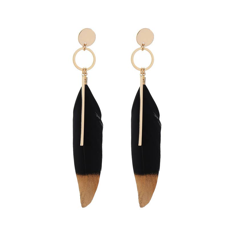 Black Feather Leaf Gold Dipped Bar Earrings - Liz & Addie