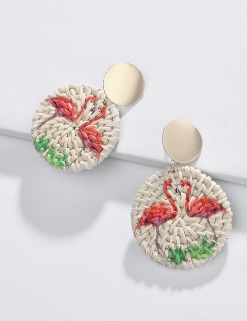 Flamingo Raffia Circle Gold Accent Earrings - Liz & Addie