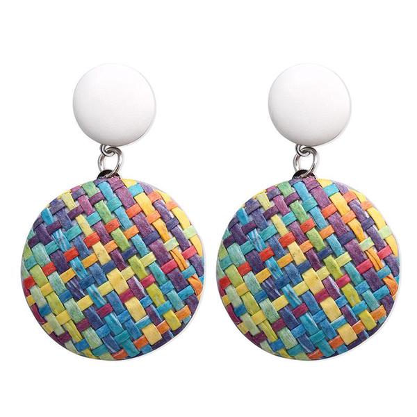 Multi Color Rattan Geo Design Circle Earrings - Liz & Addie