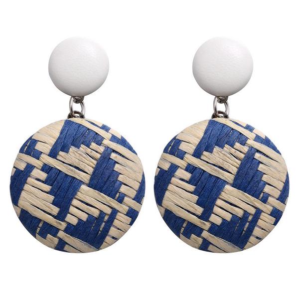 Rattan Geo Design Blue Circle Drop Earrings - Liz & Addie