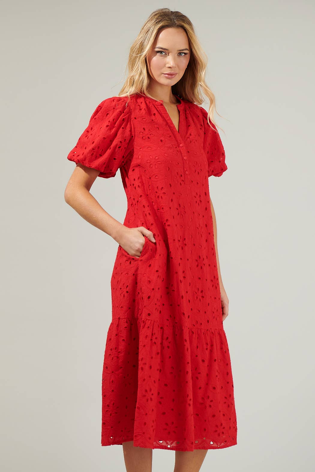 Villa Nova Red Eyelet Midi Dress