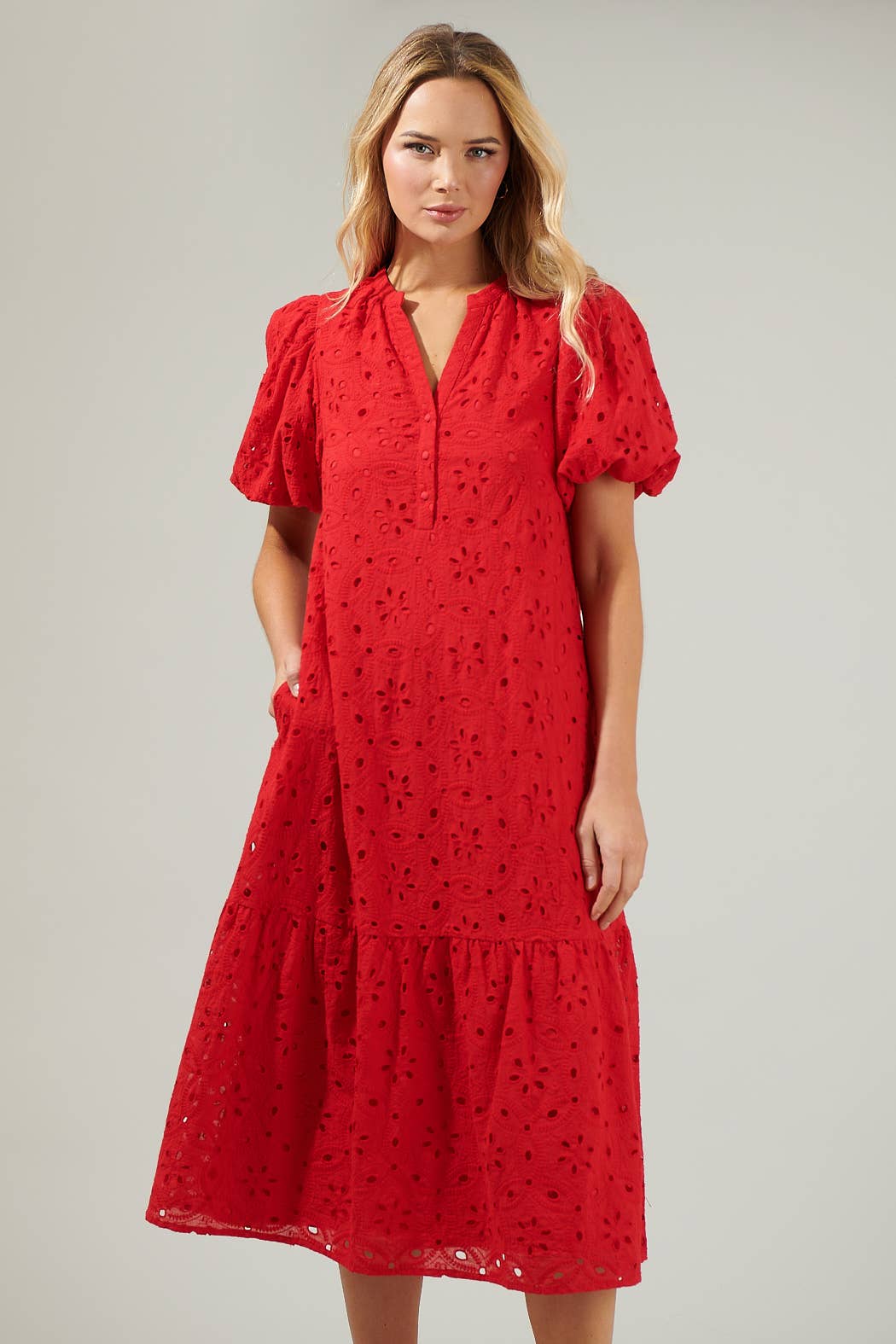 Villa Nova Red Eyelet Midi Dress