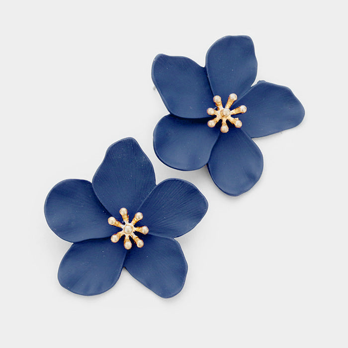 Navy Flower Gold Centre Earrings - Liz & Addie 