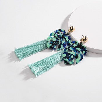 Green Marbled Leaf Tassel Earrings - Liz & Addie 