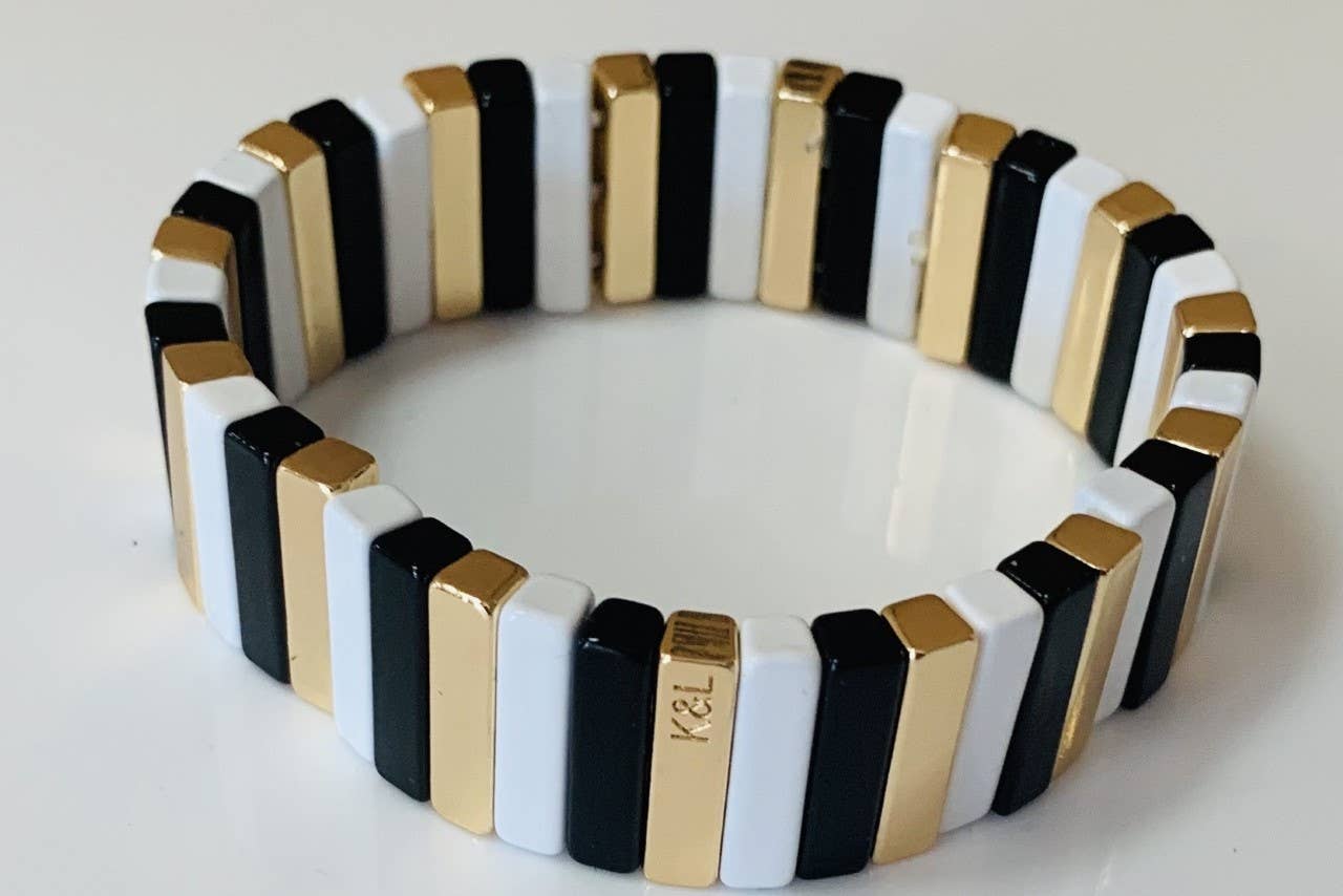 Black White and Gold Striped  Enamel Tile Stretch Bracelet - Liz & Addie 