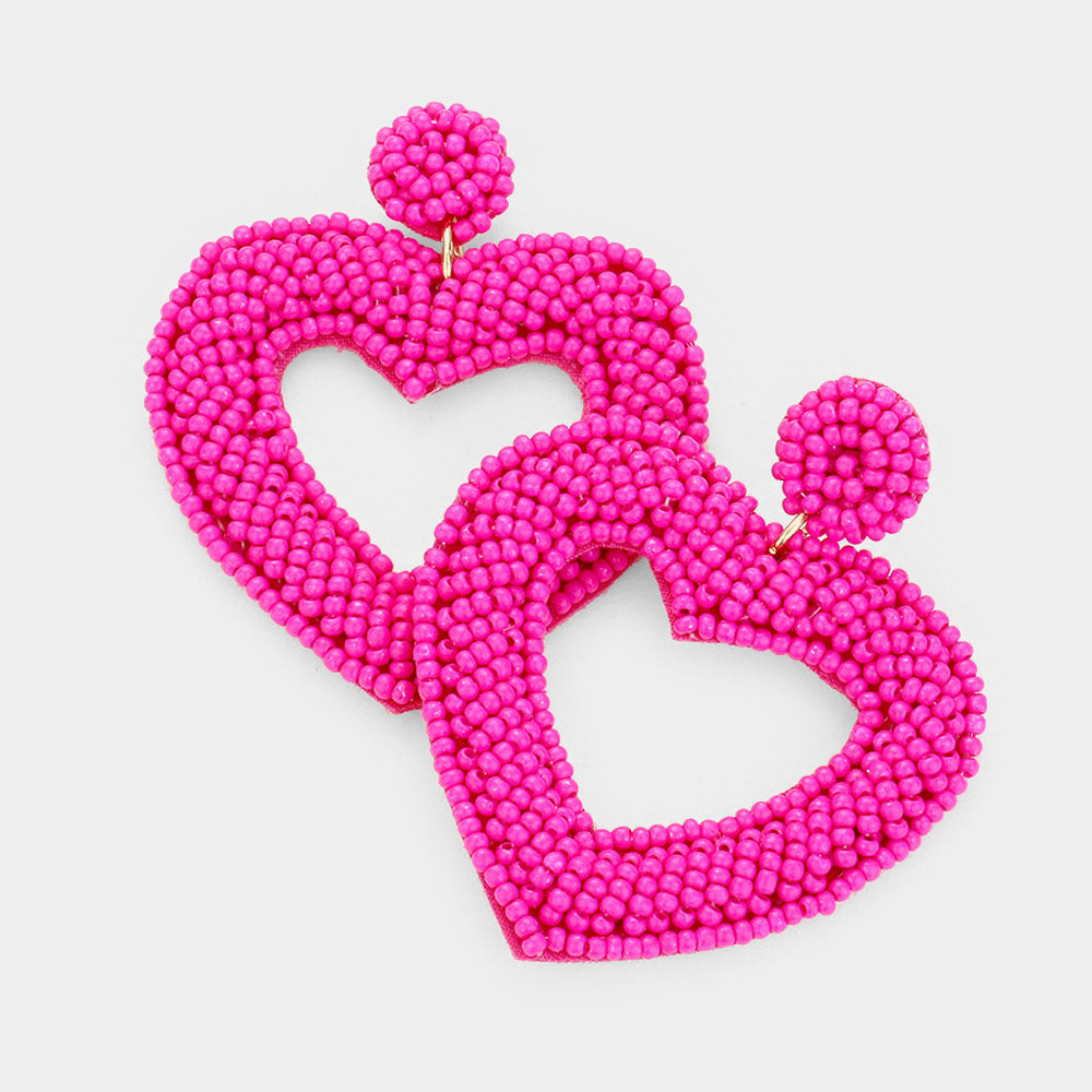 Hot Pink Seed Bead Heart Earrings - Liz & Addie 