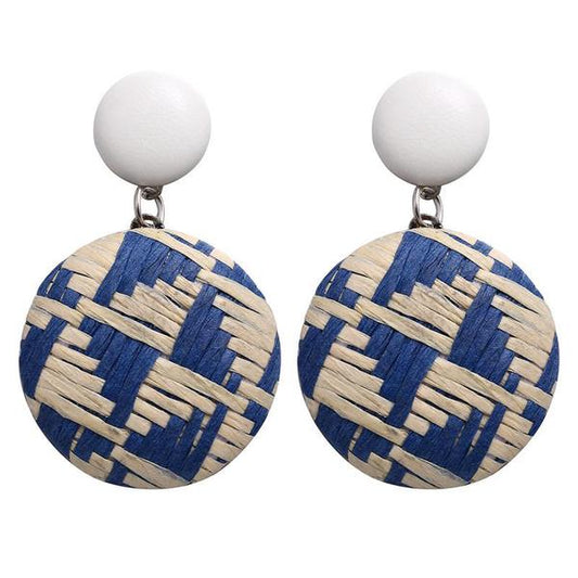 Rattan Geo Design Blue Circle Drop Earrings - Liz & Addie 