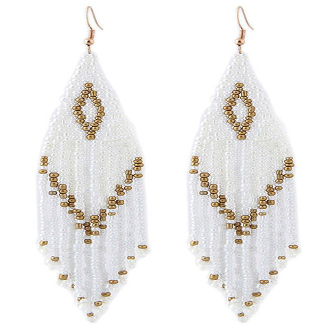 White and Gold Seed Bead Drop Earrings - Liz & Addie 
