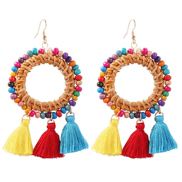 Multi Color Seed Bead Raffia Tassel Hoop Earrings - Liz & Addie 