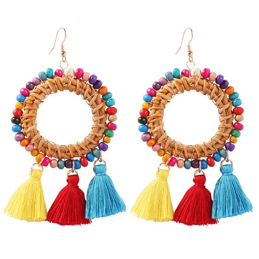 Multi Color Seed Bead Raffia Tassel Hoop Earrings - Liz & Addie 