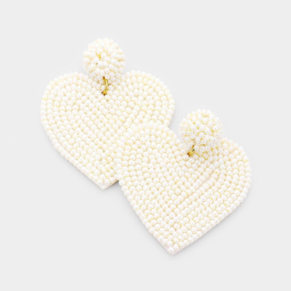Ivory Beaded Heart Drop Earrings - Liz & Addie 