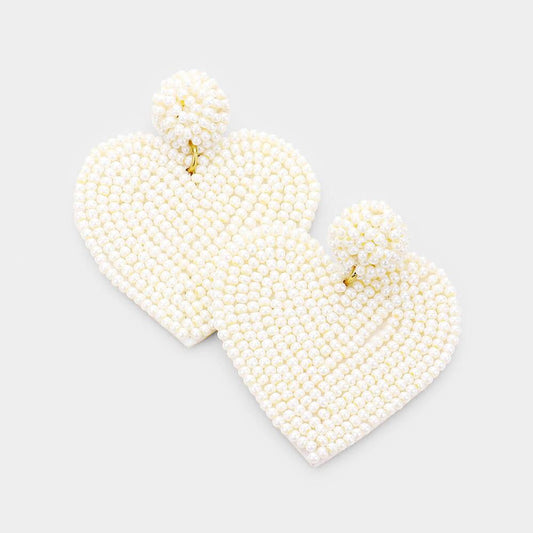 Ivory Beaded Heart Drop Earrings - Liz & Addie 