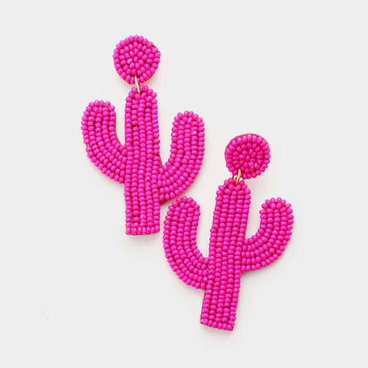 Hot Pink Cactus Beaded Earrings - Liz & Addie 